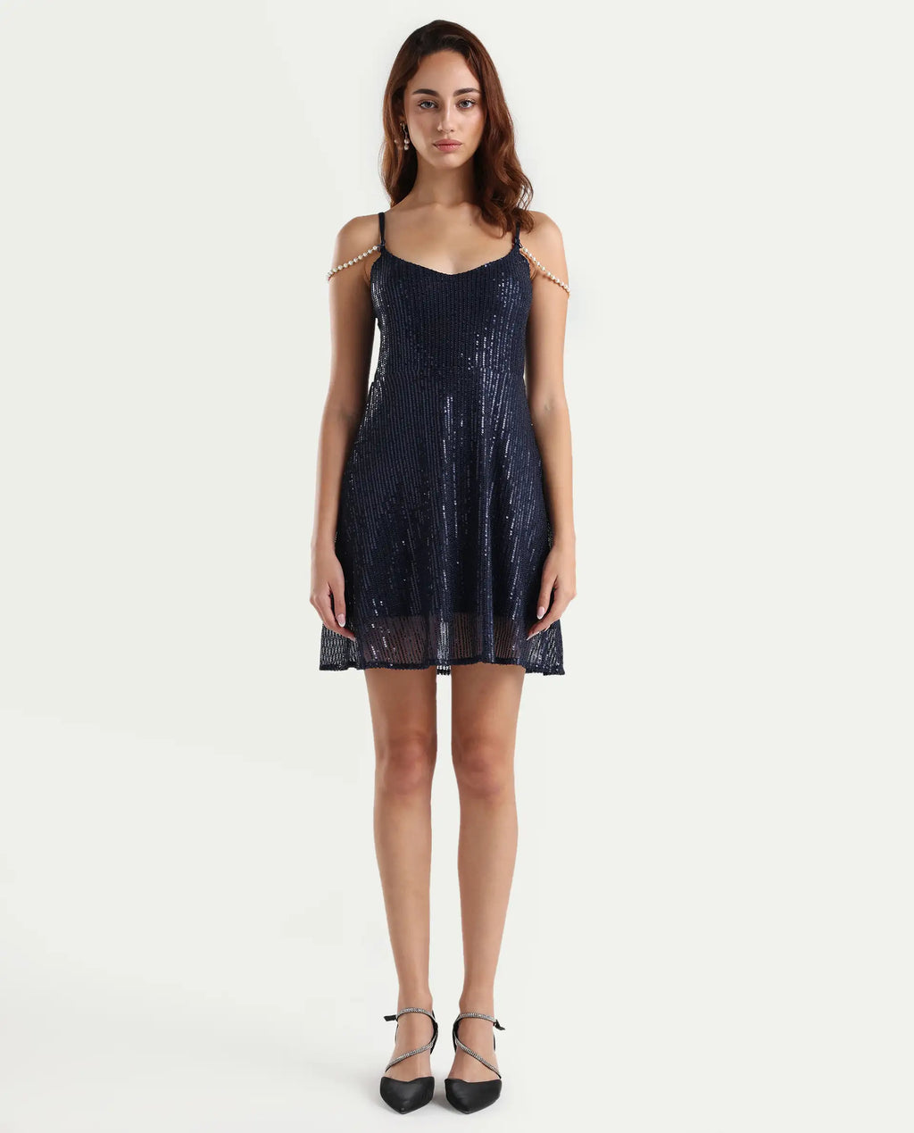 Rareism Women's Lovez Blue Nylon Shoulder Strap Sequined Shoulder Strap Knee Length Regular Fit Dress