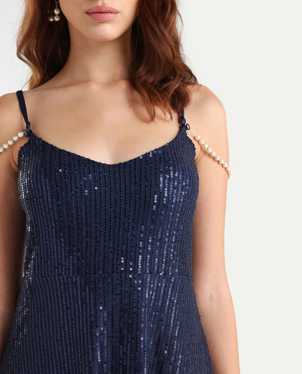 Rareism Women's Lovez Blue Nylon Shoulder Strap Sequined Shoulder Strap Knee Length Regular Fit Dress