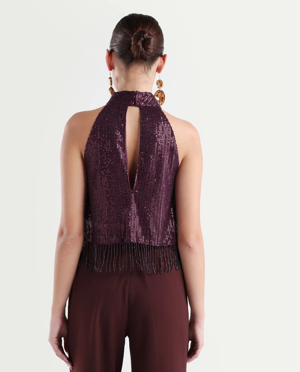 Rareism Women's Lovia Maroon Nylon Halter Neck Sequined Sleeveless Regular Fit Top
