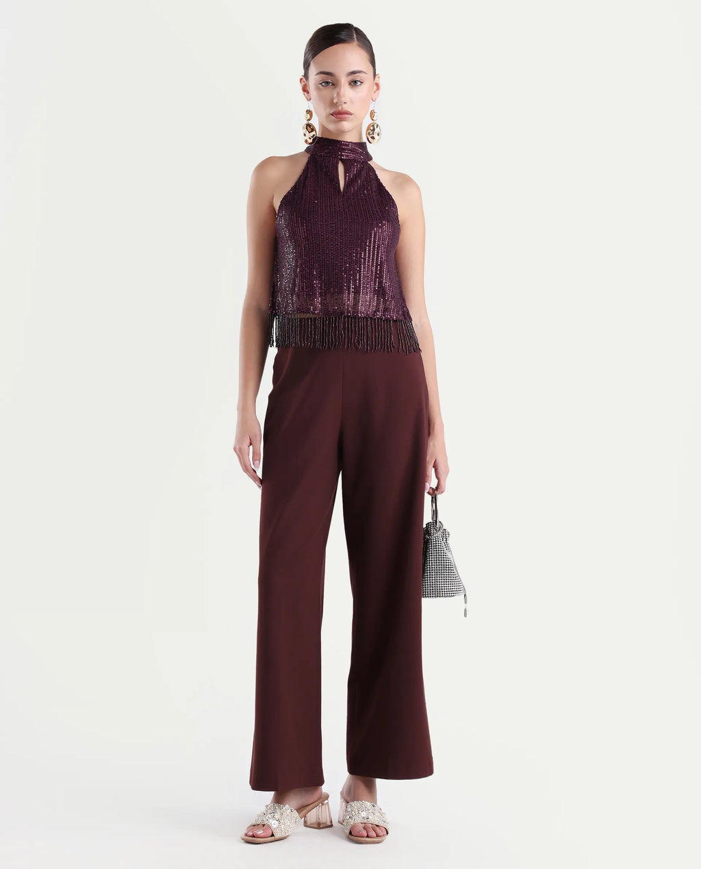 Rareism Women's Lovia Maroon Nylon Halter Neck Sequined Sleeveless Regular Fit Top