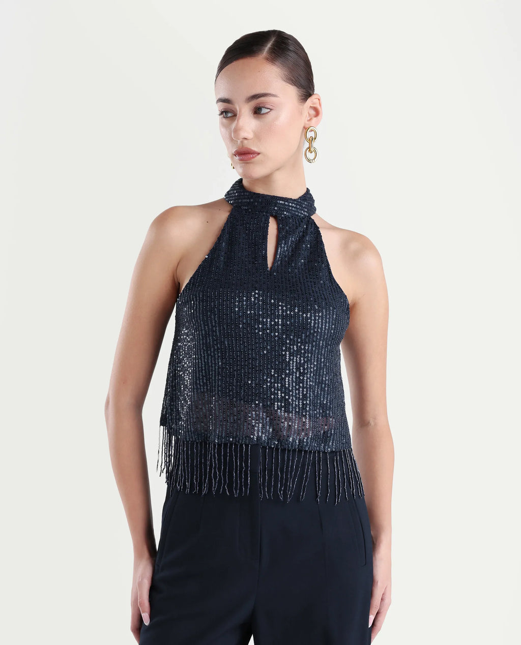 Rareism Women's Lovia Black Nylon Halter Neck Sequined Sleeveless Regular Fit Top