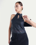 Rareism Women's Lovia Black Nylon Halter Neck Sequined Sleeveless Regular Fit Top