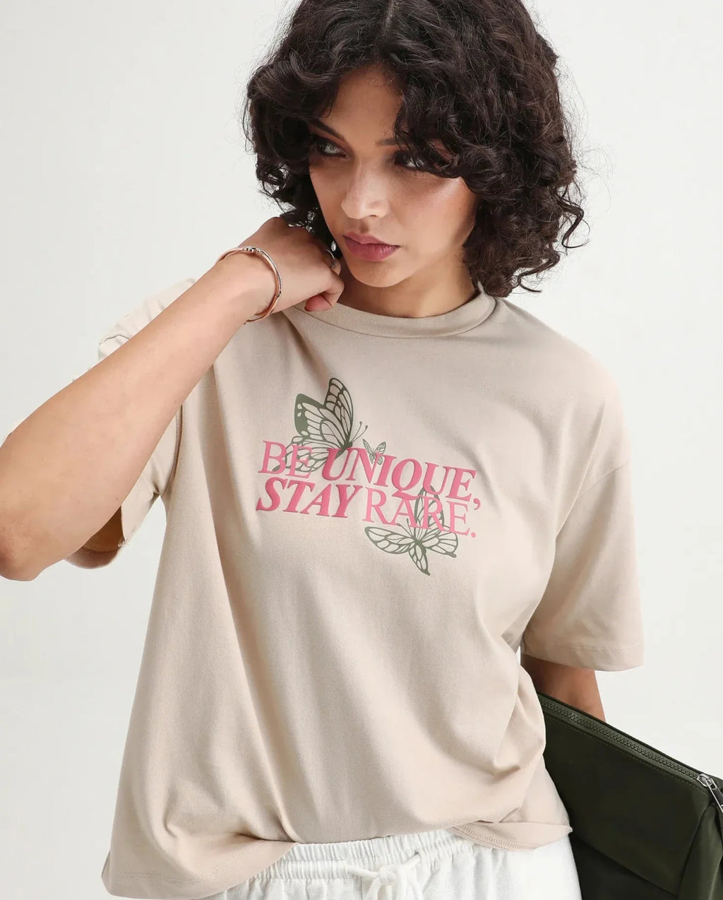 Rareism Women's Lowe Beige Cotton Blend Crew Neck Graphic Print Regular Fit T-Shirt