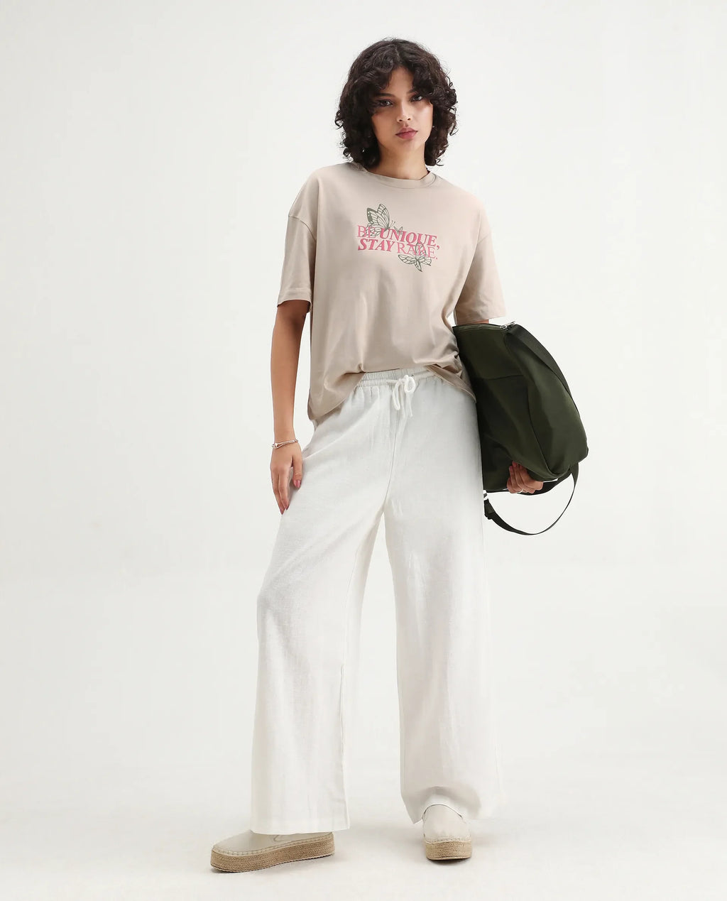 Rareism Women's Lowe Beige Cotton Blend Crew Neck Graphic Print Regular Fit T-Shirt