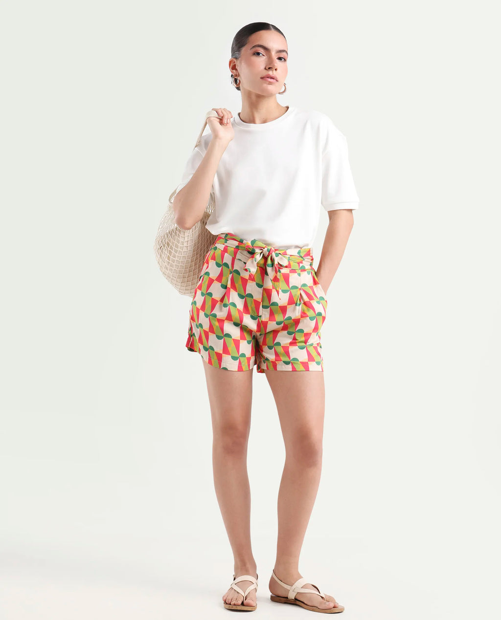 Rareism Women's Lucca Multi Cotton Blend Geometric Print Mini Regular Fit Shorts