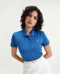 Rareism Women's Lugano Blue Cotton Blend Polo Neck Plain Regular Fit Polo