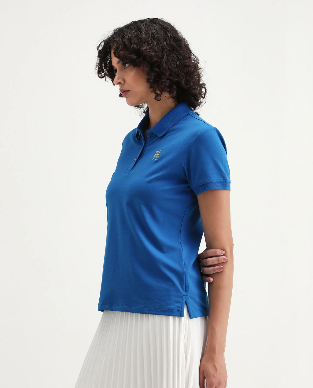 Rareism Women's Lugano Blue Cotton Blend Polo Neck Plain Regular Fit Polo