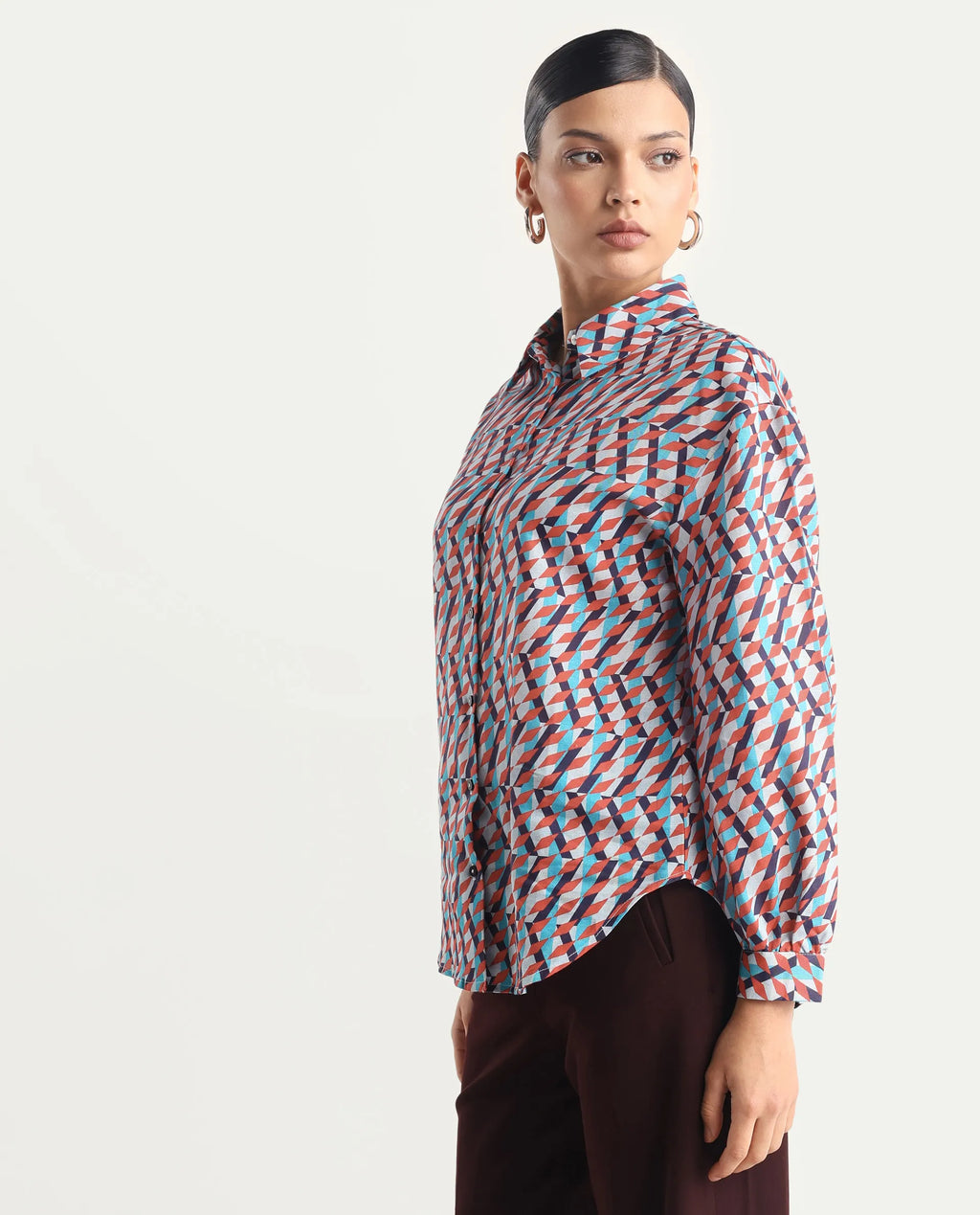 Rareism Women's Luren Dark Multi Cotton Blend Drop Collar Geometric Print Cuffed Sleeve Regular Fit Shirt