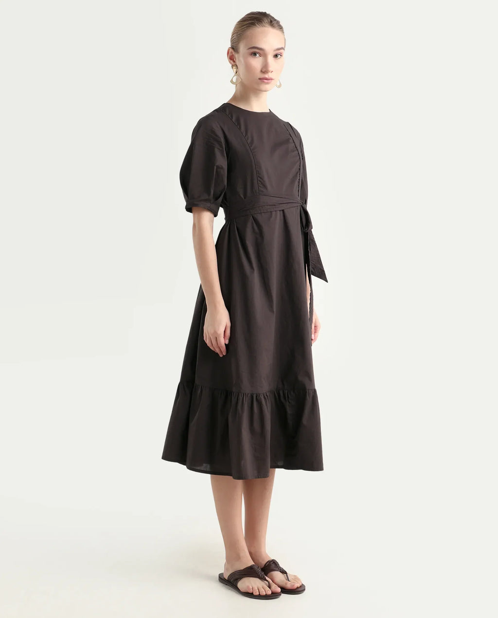 Rareism Women's Lusine Brown Crew Neck Plain Bishop Sleeve Midi Fit And Flare Dress