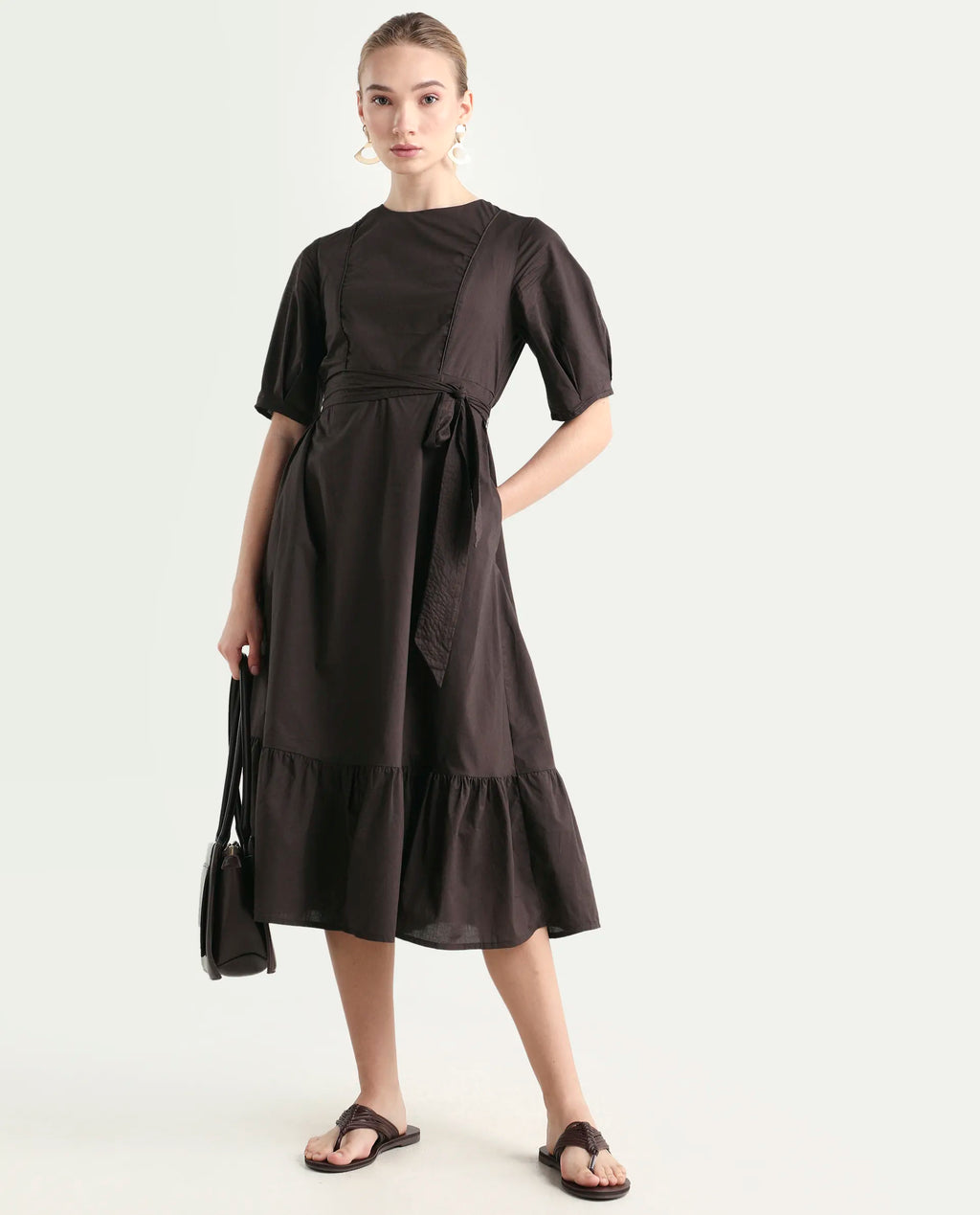 Rareism Women's Lusine Brown Crew Neck Plain Bishop Sleeve Midi Fit And Flare Dress