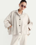Rareism Women's Macqua Light Beige Suede Spread Collar Plain Boxy Fit Jacket