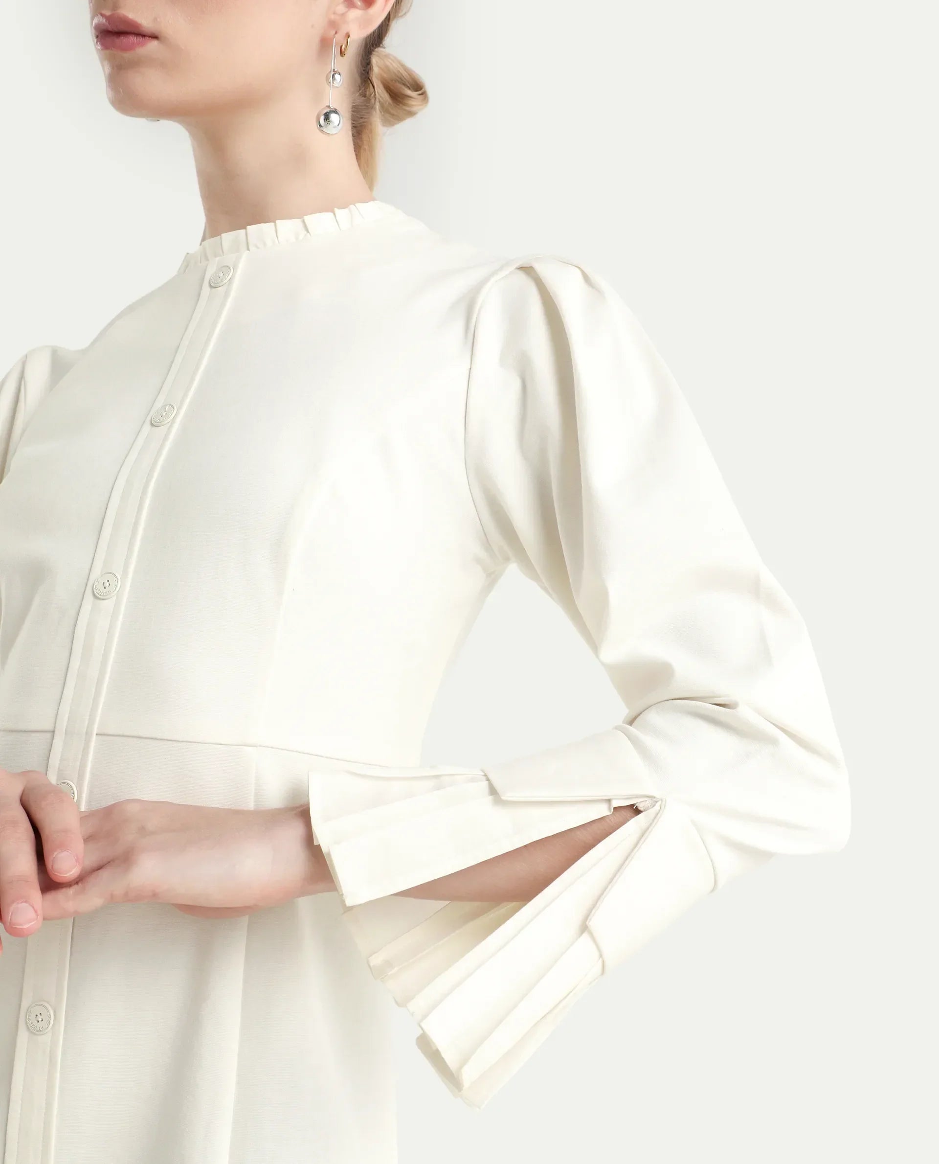 Rareism Women's Mafis White Polyester Blend Ruffled Neck Plain Fashion Sleeve Mini Straight Fit Dress