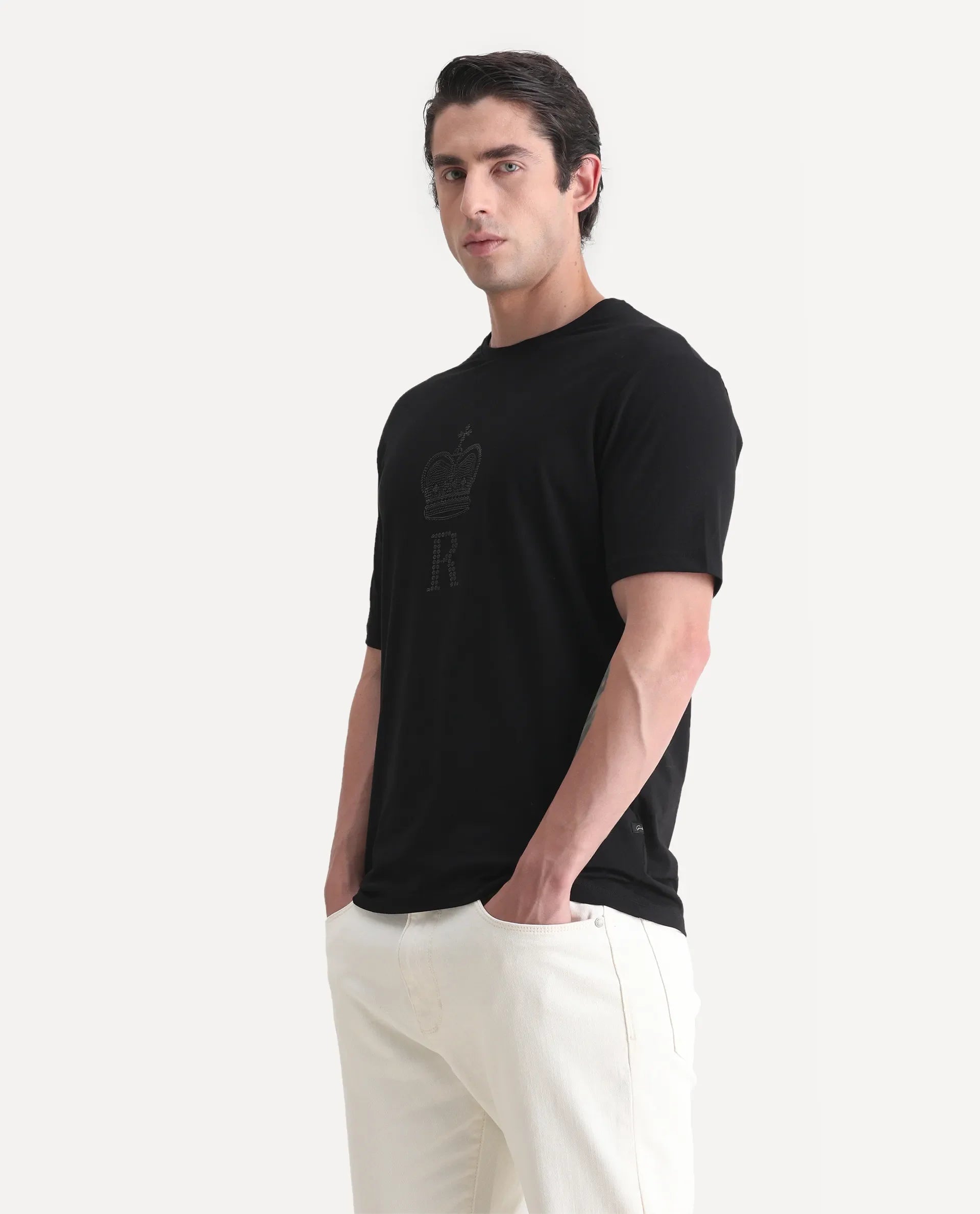 Rare Rabbit Men's Maisel-25 Black Cotton Blend Hd Print Regular Fit Half Sleeve Crew Neck T-Shirt