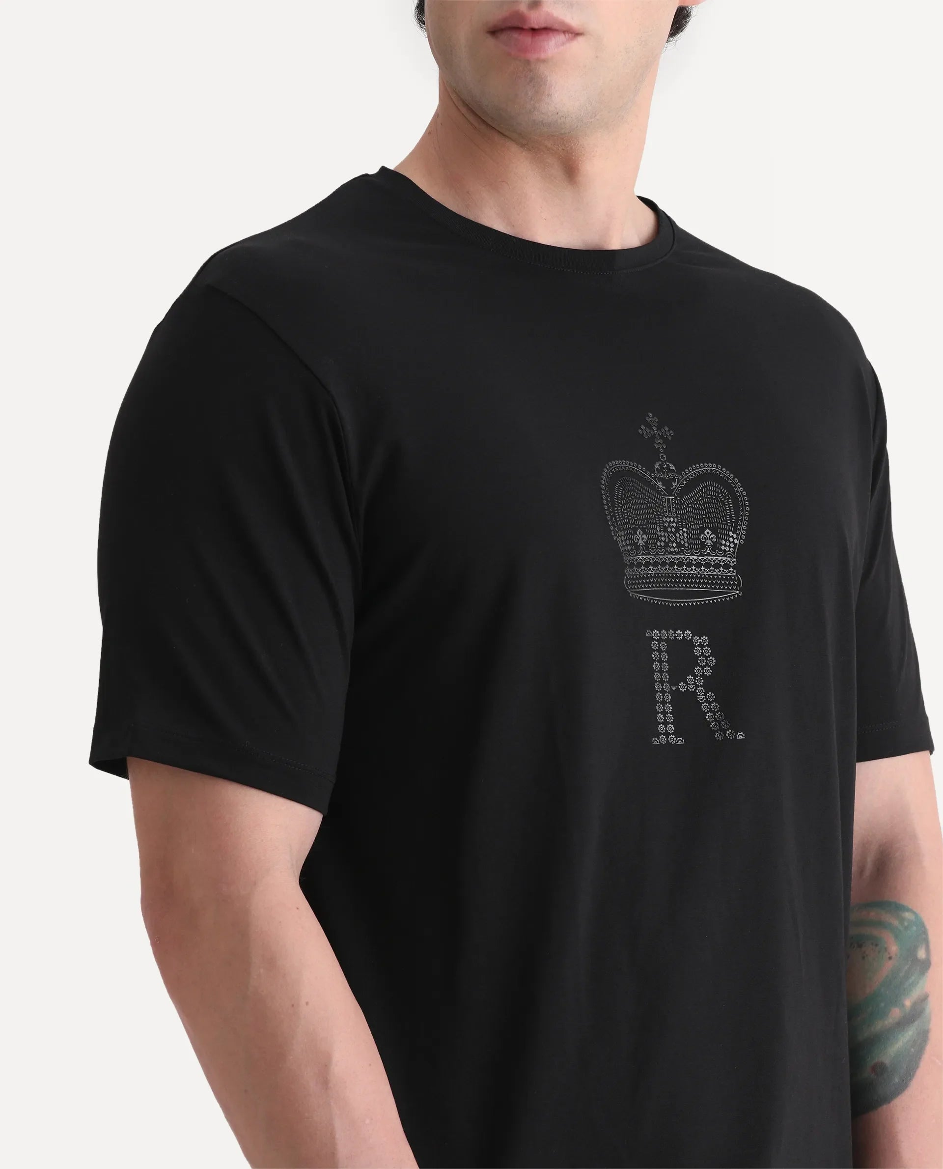 Rare Rabbit Men's Maisel-25 Black Cotton Blend Hd Print Regular Fit Half Sleeve Crew Neck T-Shirt