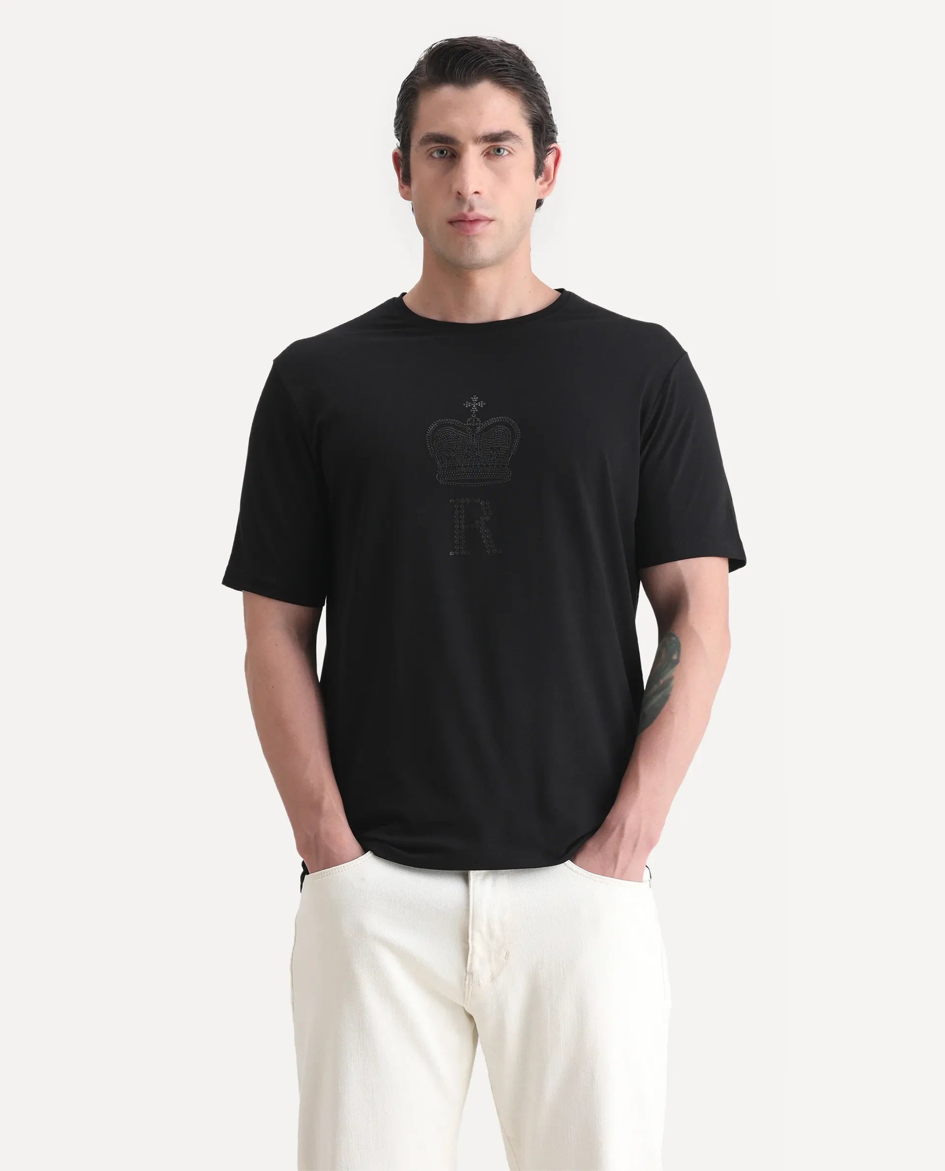 Rare Rabbit Men's Maisel-25 Black Cotton Blend Hd Print Regular Fit Half Sleeve Crew Neck T-Shirt