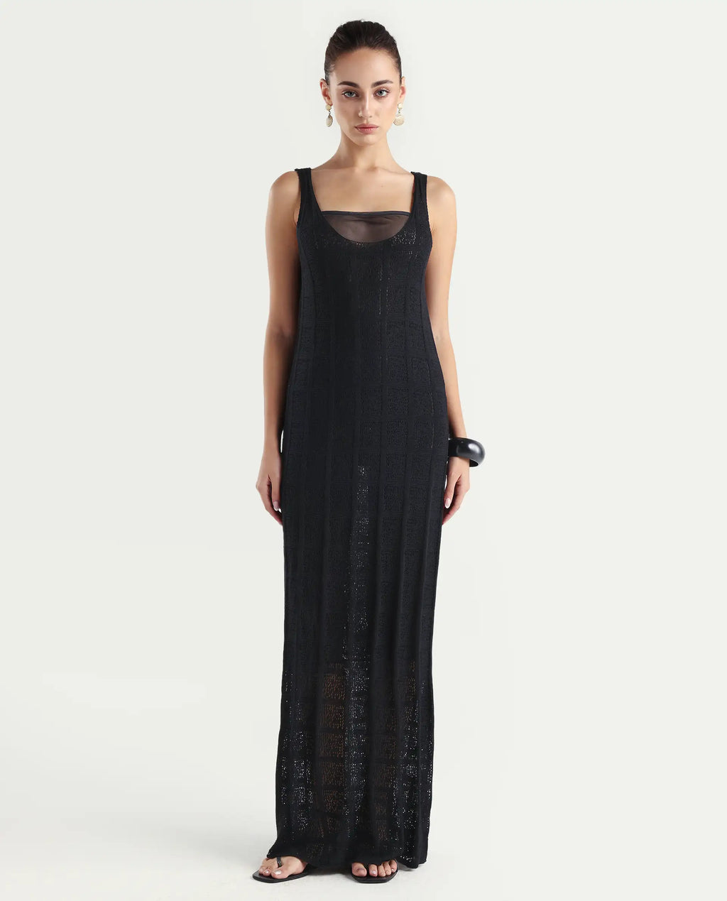 Rareism Women's Majoka Black Viscose U-Neck Plain Sleeveless Maxi Bodycon Dress