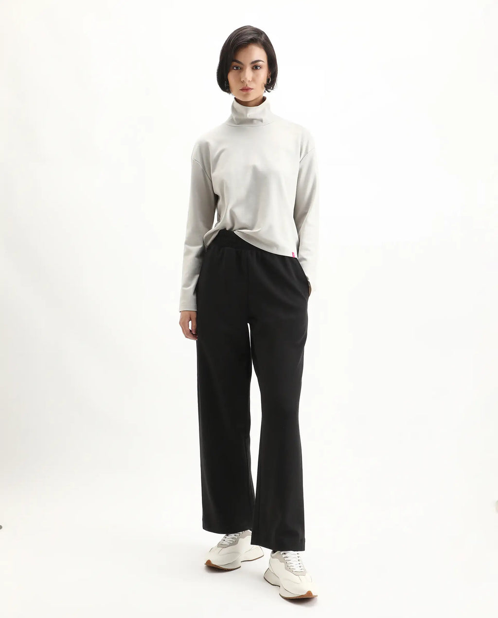 Rareism Women's Malatya Light Grey Cotton Blend Polo Neck Plain Slim Fit Top