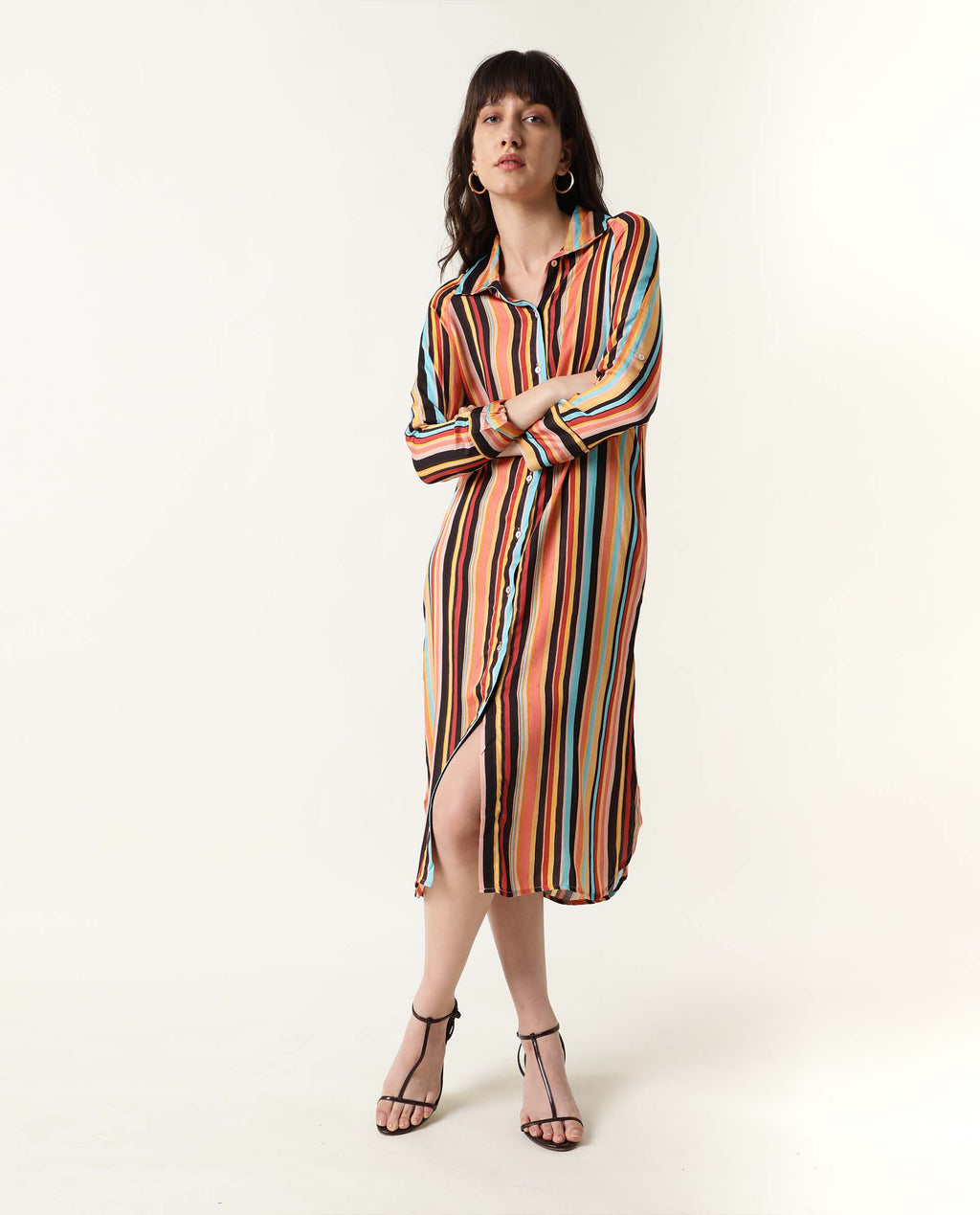 Rareism Women's Mathers Brown Spread Collar Striped Knee Length Regular Fit Dress