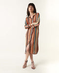 Rareism Women's Mathers Brown Spread Collar Striped Knee Length Regular Fit Dress