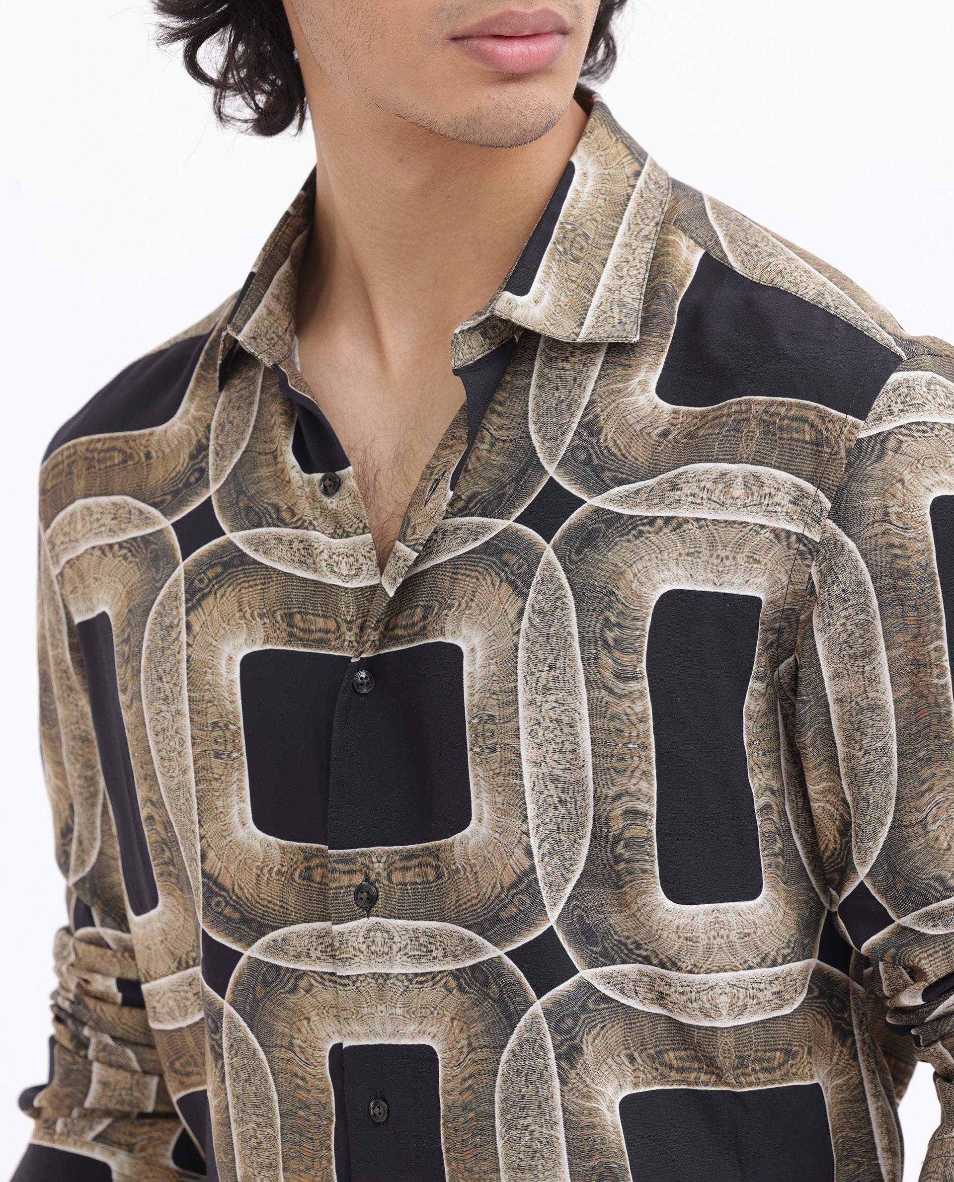 Rare Rabbit Men's Mecro Ls Mustard Viscose Abstract Print Regular Fit Full Sleeve Collared Shirt