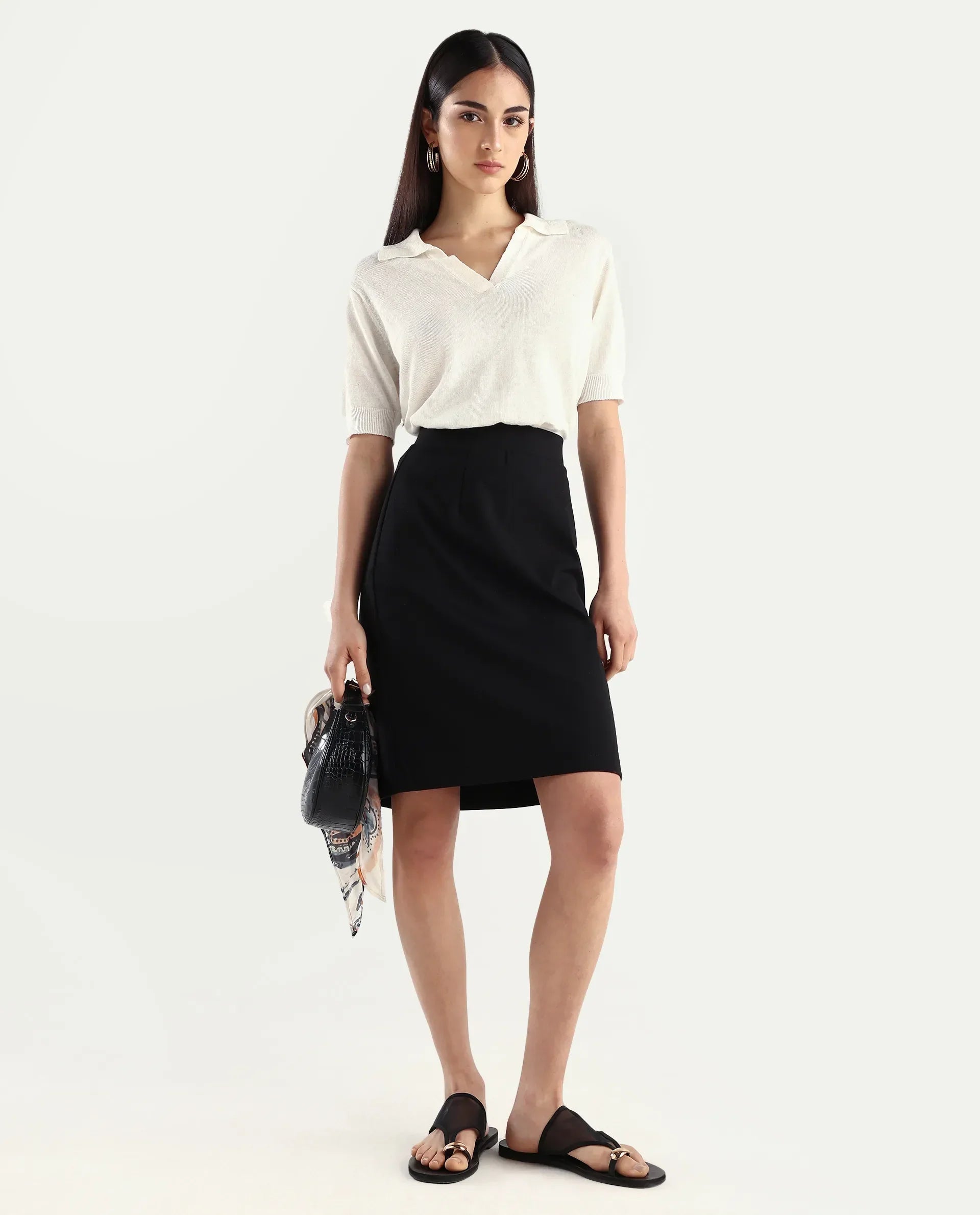 Rareism Women's Melunia Black Polyester Blend Plain Knee Length Straight Fit Skirt