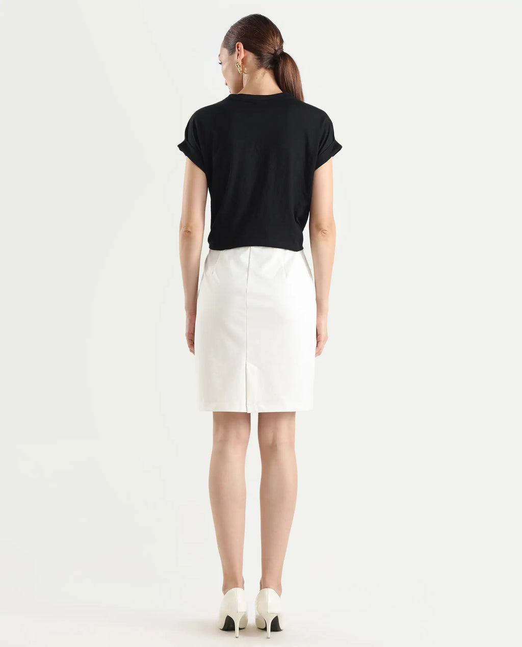 Rareism Women's Melunia White Polyester Blend Plain Knee Length Straight Fit Skirt