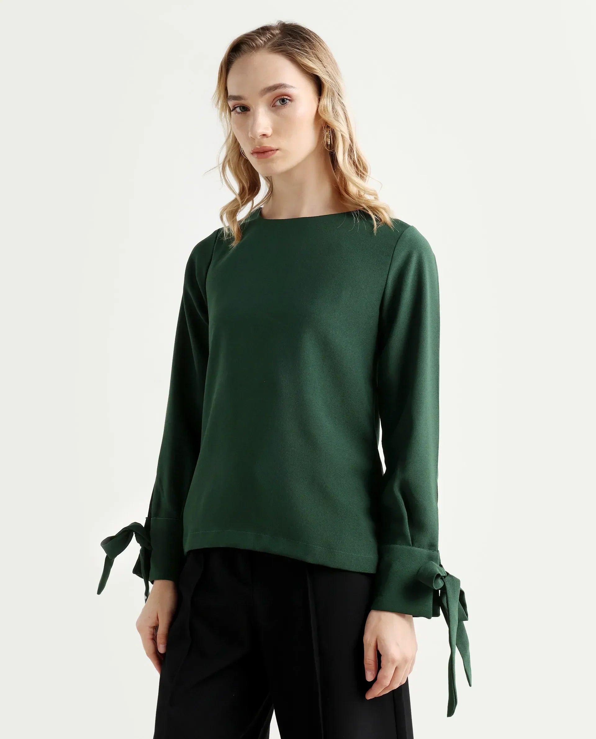 Rareism Women's Merach Green Polyester Boat Neck Plain Regular Fit Top