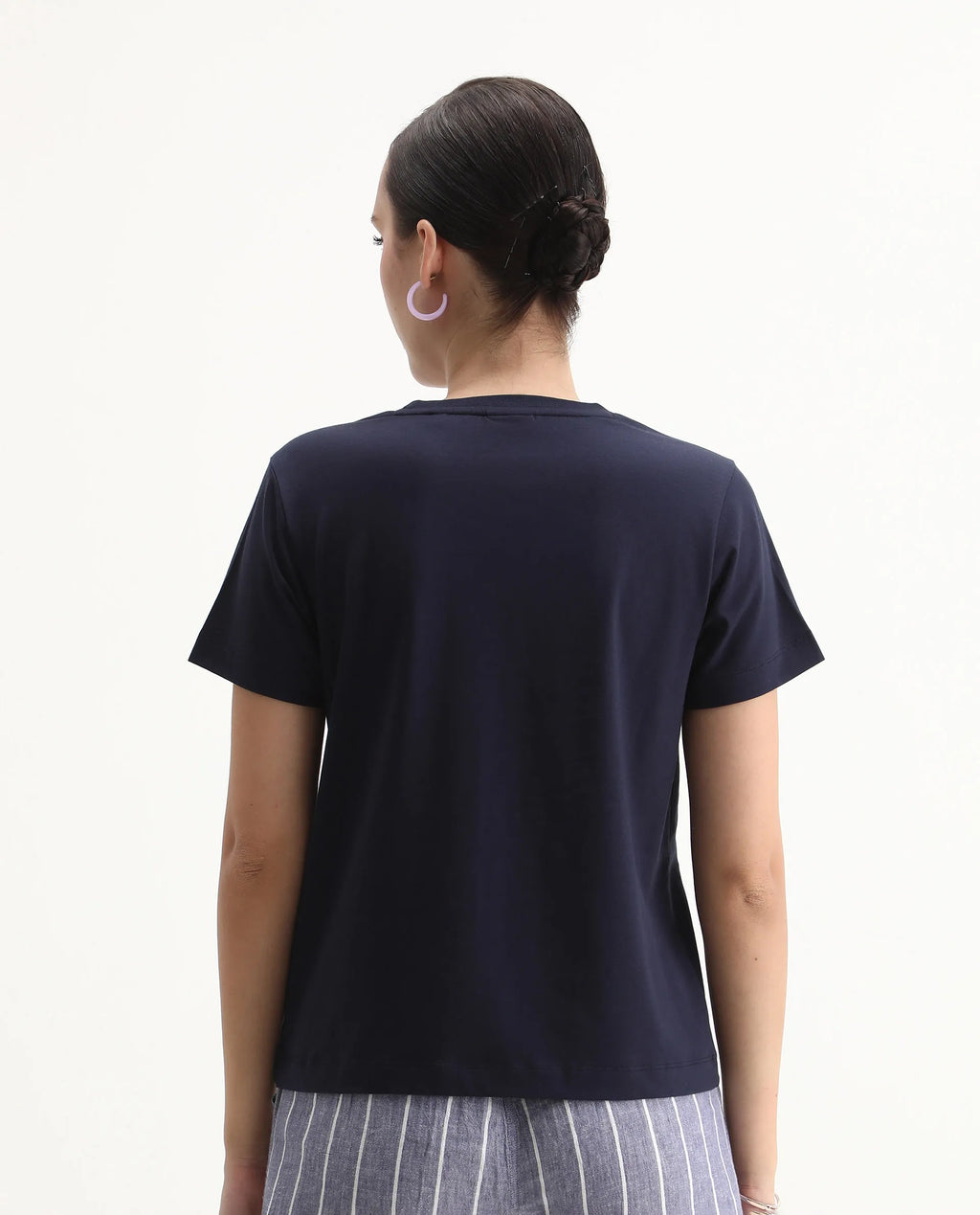 Rareism Women's Mer Navy Cotton Blend Crew Neck Regular Fit Printed T-Shirt