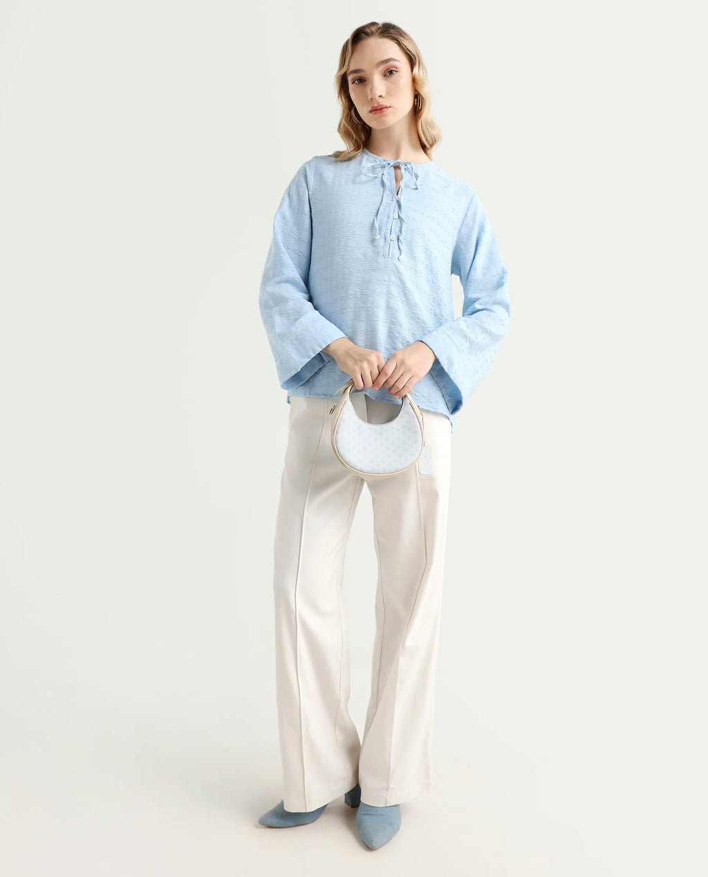 Rareism Women's Metio Blue Polyester Blend Tie-Up Neck Plain Relaxed Fit Top