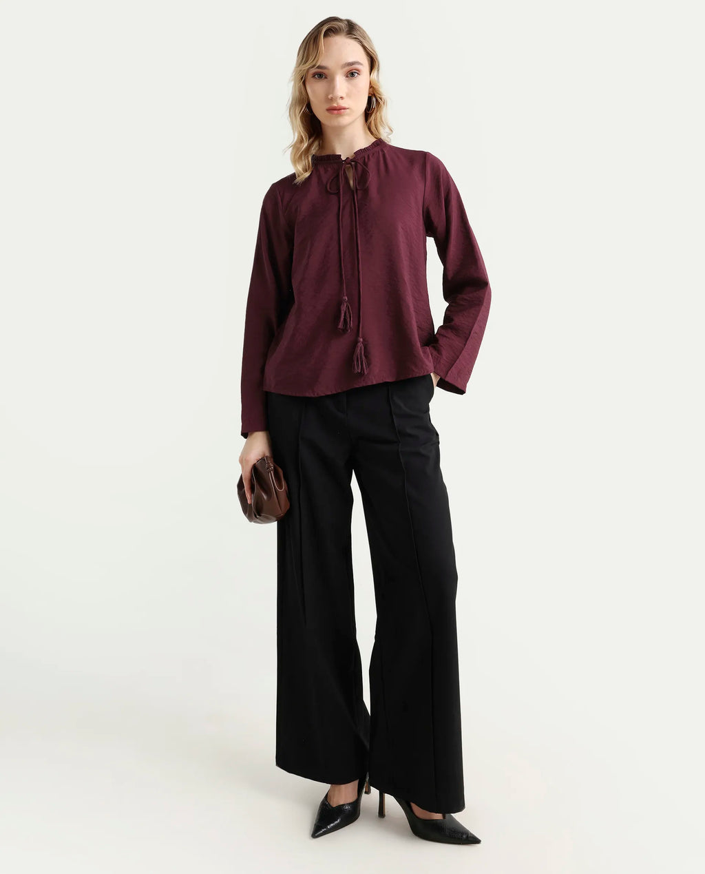 Rareism Women's Mili Maroon Nylon Blend Sweetheart Neck Plain Ruffled Sleeve Regular Fit Top
