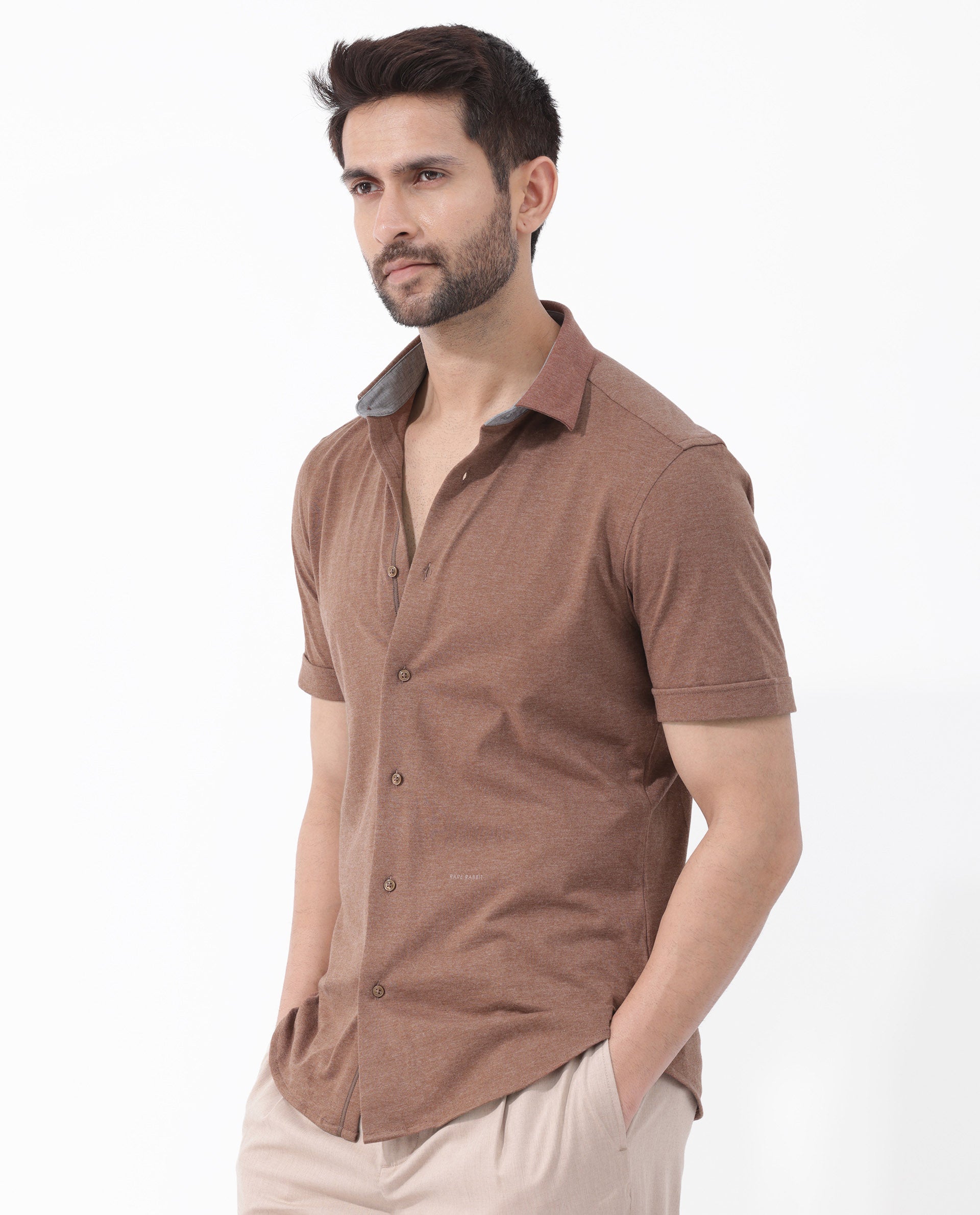 Rare Rabbit Men's Miraje Brown Cotton Plain Regular Fit Half Sleeve Collared Shirt