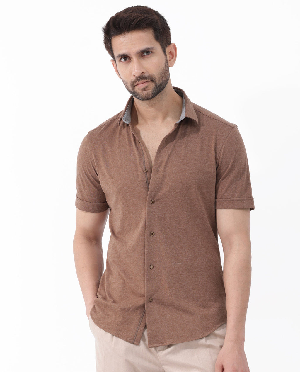 Rare Rabbit Men's Miraje Brown Cotton Plain Regular Fit Half Sleeve Collared Shirt