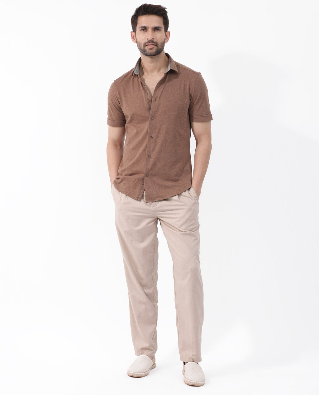 Rare Rabbit Men's Miraje Brown Cotton Plain Regular Fit Half Sleeve Collared Shirt