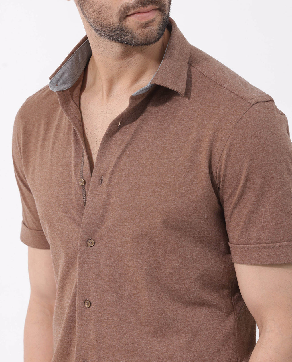 Rare Rabbit Men's Miraje Brown Cotton Plain Regular Fit Half Sleeve Collared Shirt