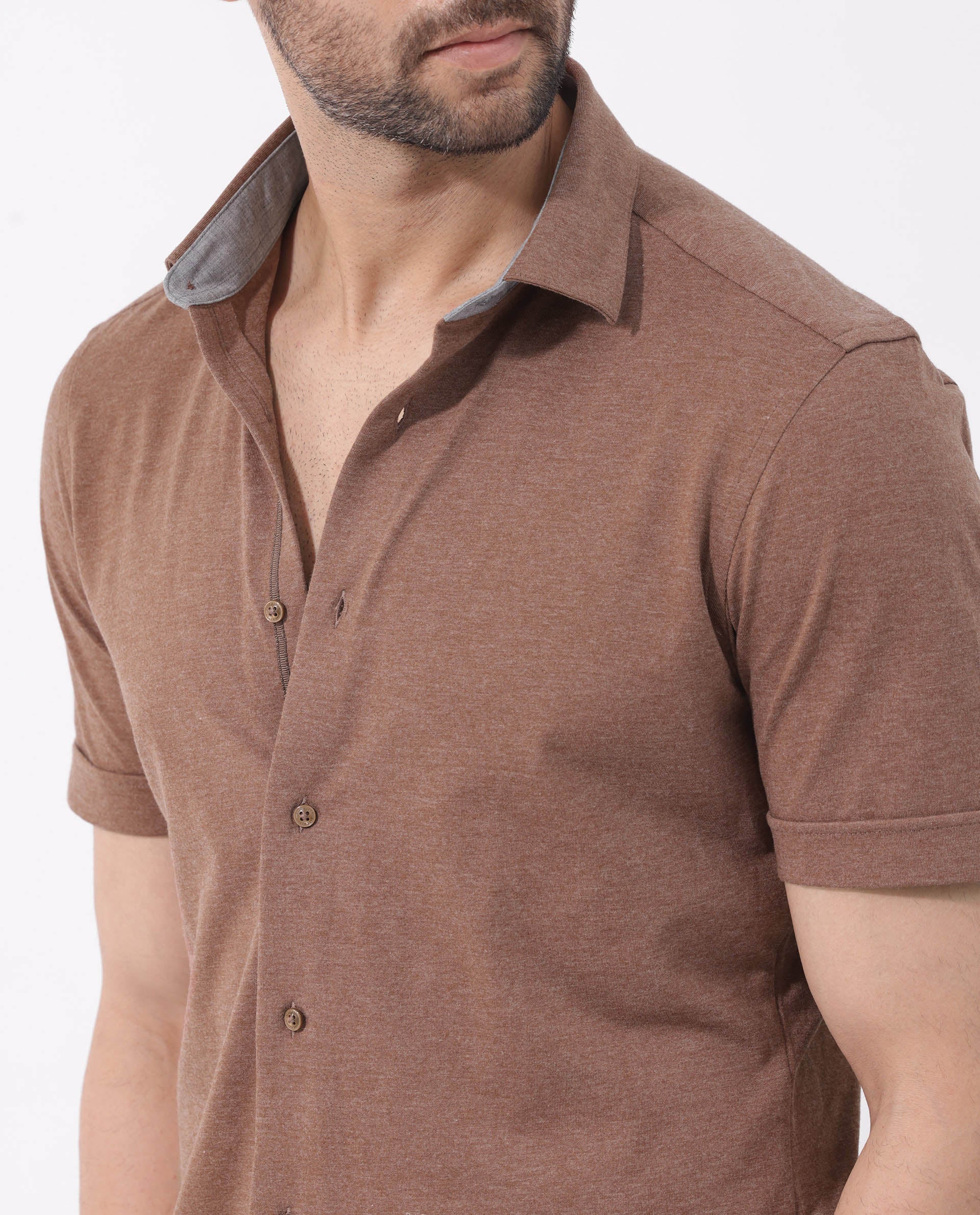 Rare Rabbit Men's Miraje Brown Cotton Plain Regular Fit Half Sleeve Collared Shirt