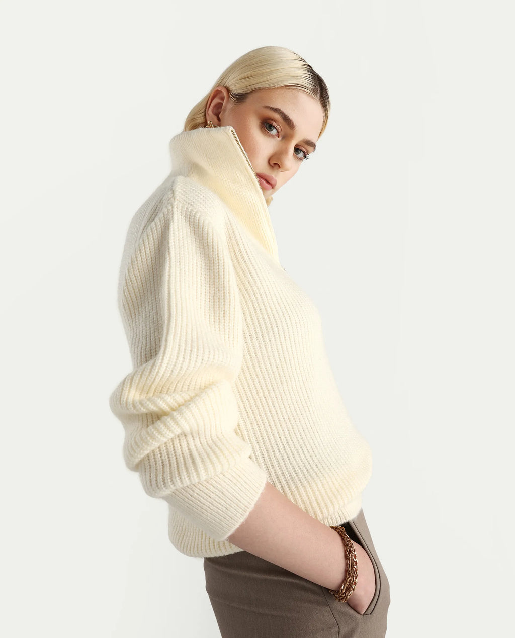 Rareism Women's Miris Off White Acrylic Blend High Neck Relaxed Fit Sweater