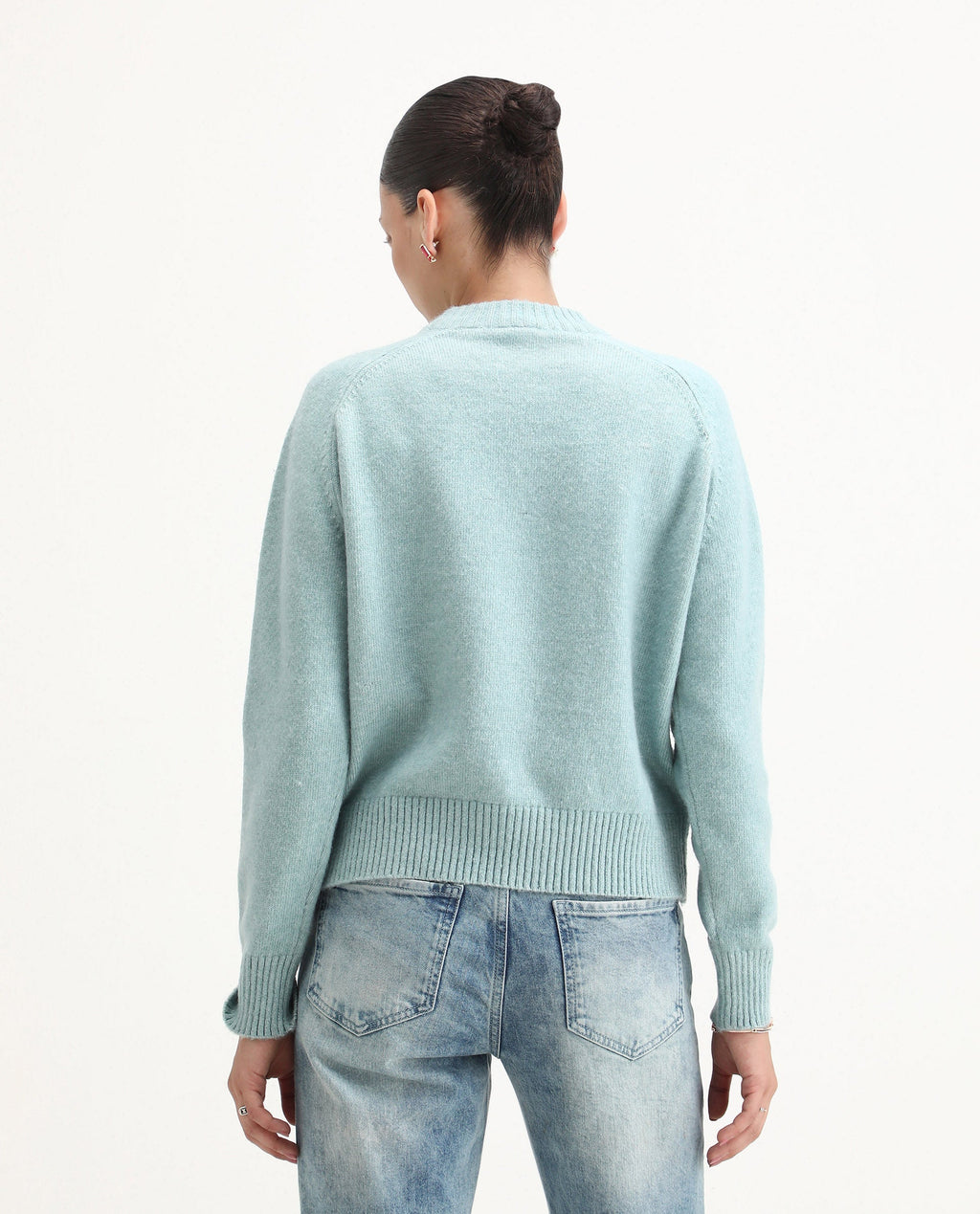 Rareism Women's Mitsu Light Blue Acrylic Blend Crew Neck Relaxed Fit Sweater