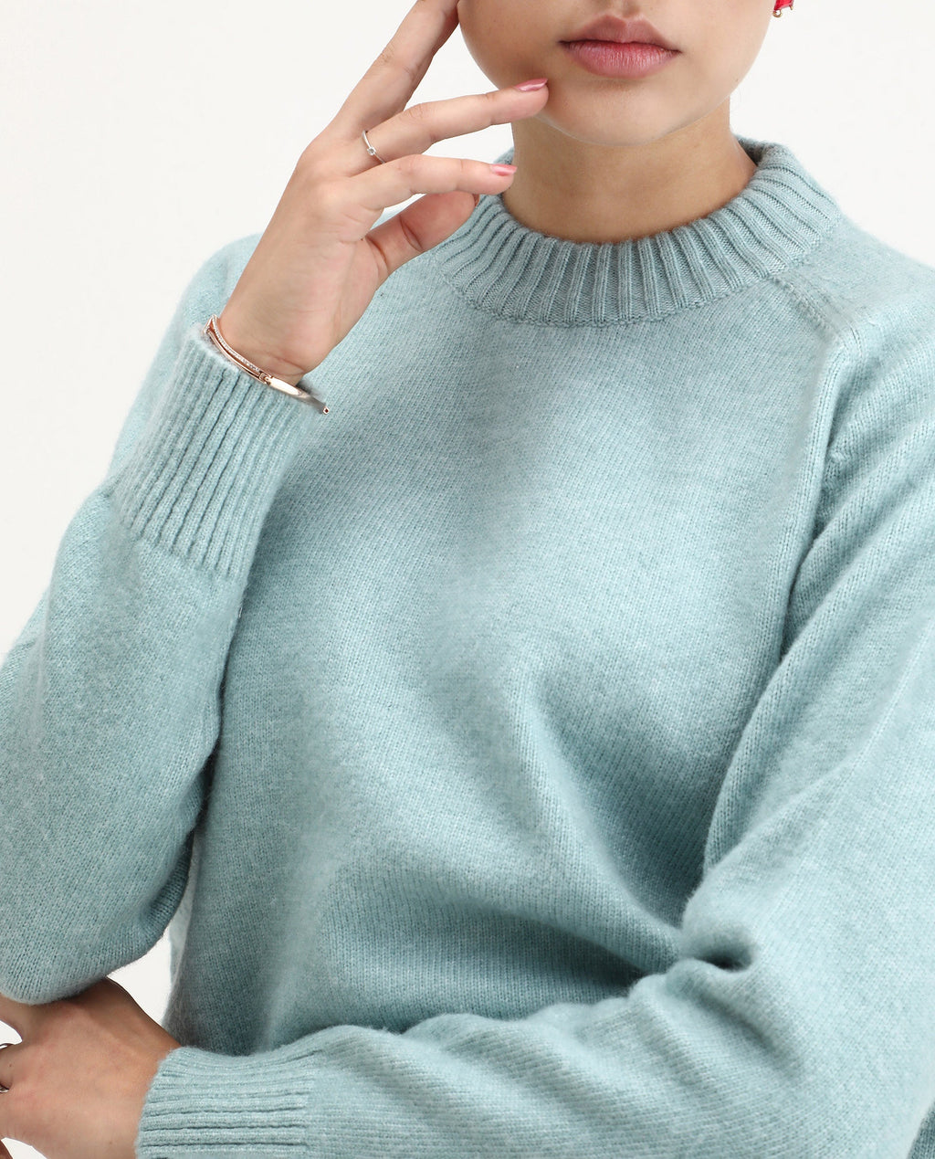 Rareism Women's Mitsu Light Blue Acrylic Blend Crew Neck Relaxed Fit Sweater