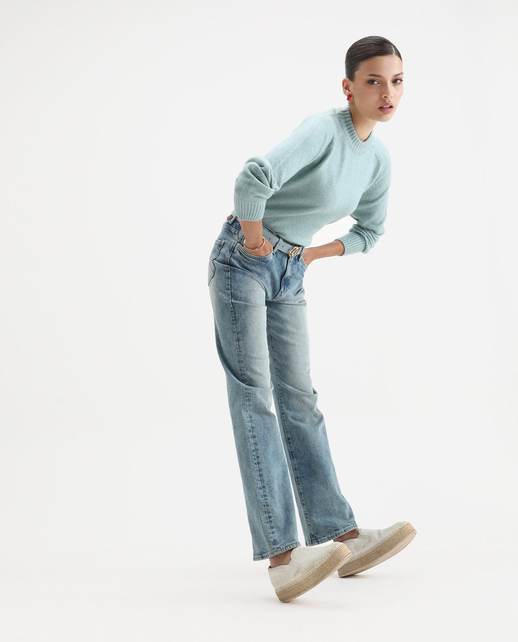 Rareism Women's Mitsu Light Blue Acrylic Blend Crew Neck Relaxed Fit Sweater