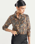 Rareism Women's Musery Multi Cotton Spread Collar Geometric Print Cuffed Sleeve Boxy Fit Top