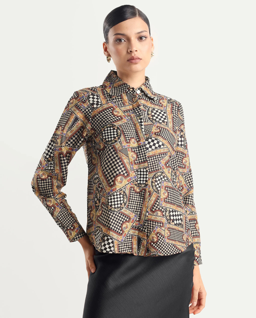 Rareism Women's Musery Multi Cotton Spread Collar Geometric Print Cuffed Sleeve Boxy Fit Top