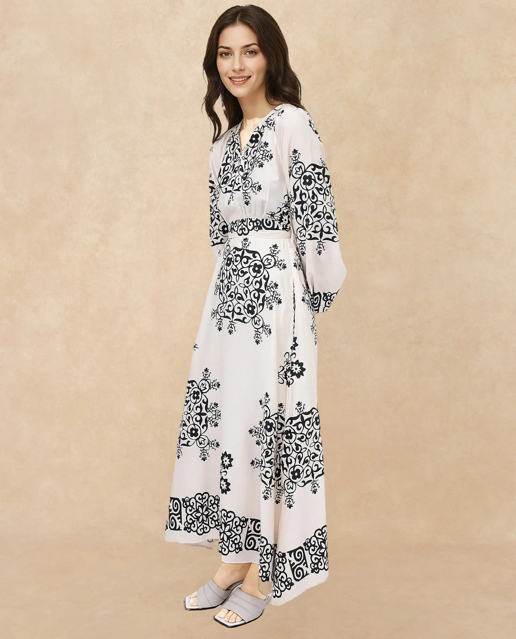 Rareism Women's Myra Off White Cotton Mandarin Collar Abstract Print Raglan Sleeve Maxi Fit And Flare Dress