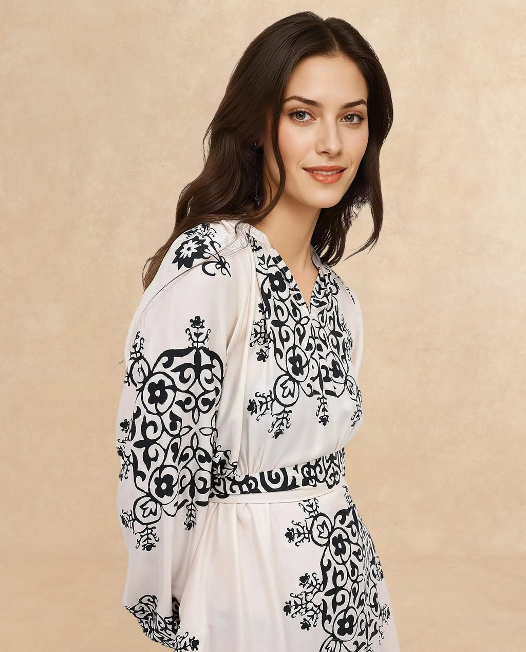 Rareism Women's Myra Off White Cotton Mandarin Collar Abstract Print Raglan Sleeve Maxi Fit And Flare Dress