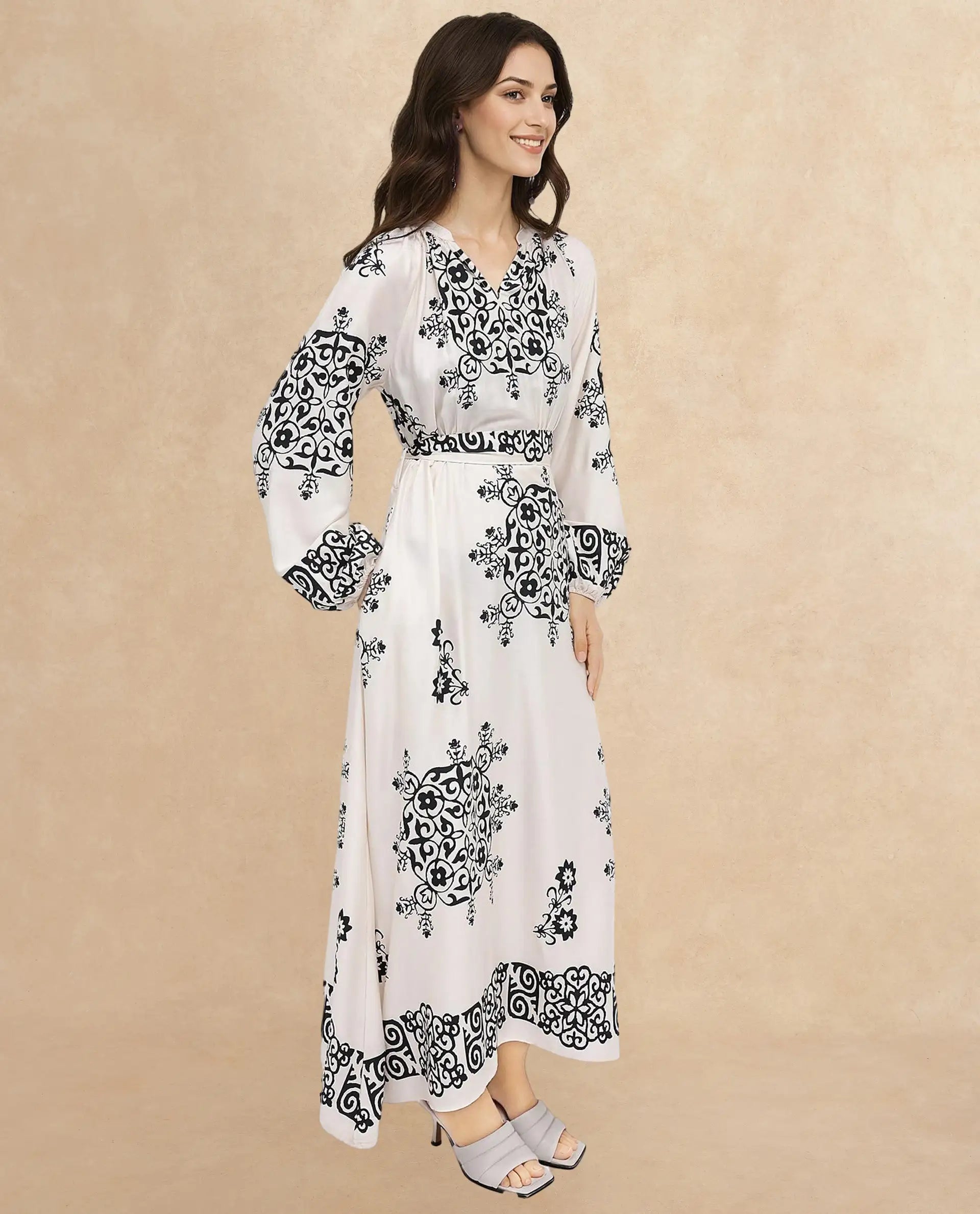 Rareism Women's Myra Off White Cotton Mandarin Collar Abstract Print Raglan Sleeve Maxi Fit And Flare Dress