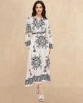 Rareism Women's Myra Off White Cotton Mandarin Collar Abstract Print Raglan Sleeve Maxi Fit And Flare Dress