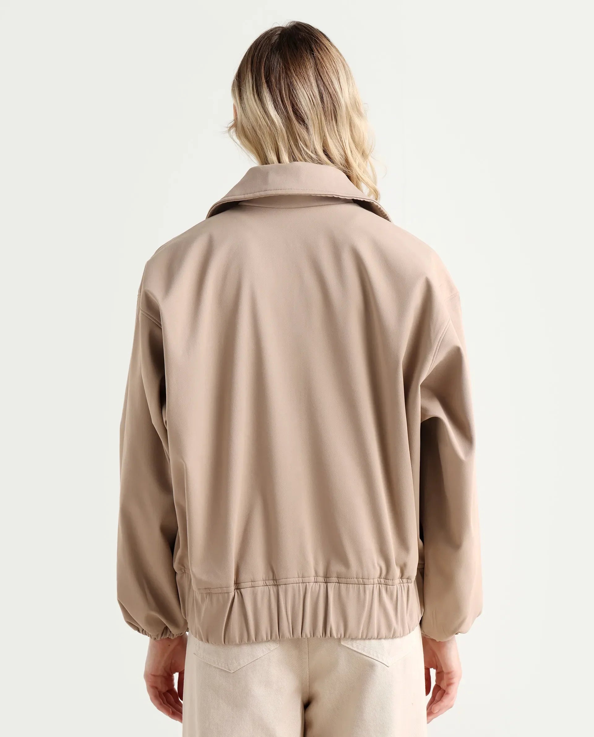 Rareism Women's Nacam Beige Polyester Collared Neck Relaxed Plain Jacket