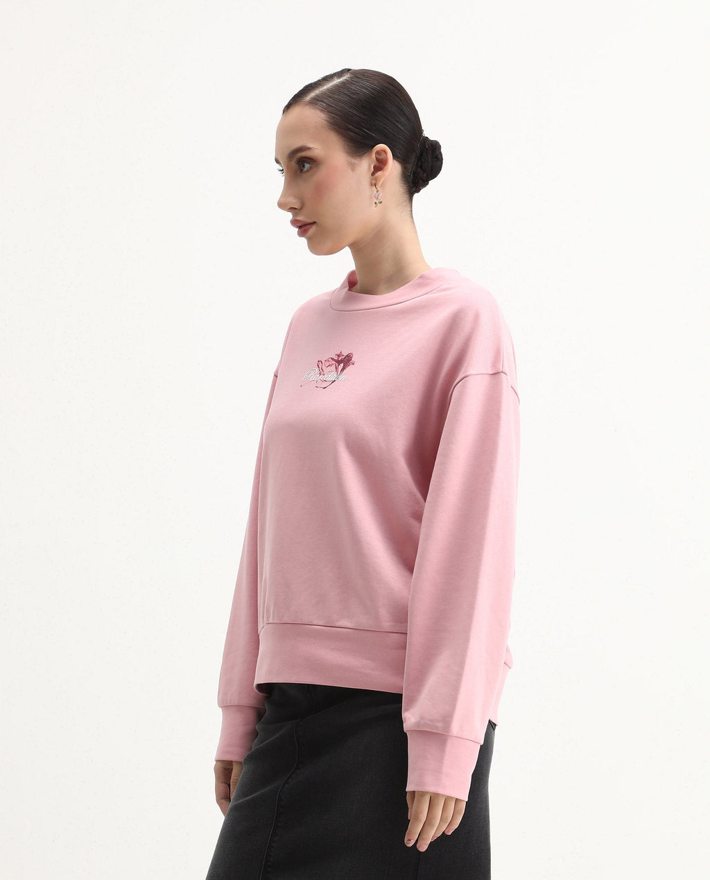 Rareism Women's Naq Light Pink Cotton Blend Crew Neck Relaxed Fit Graphic Print Sweatshirt