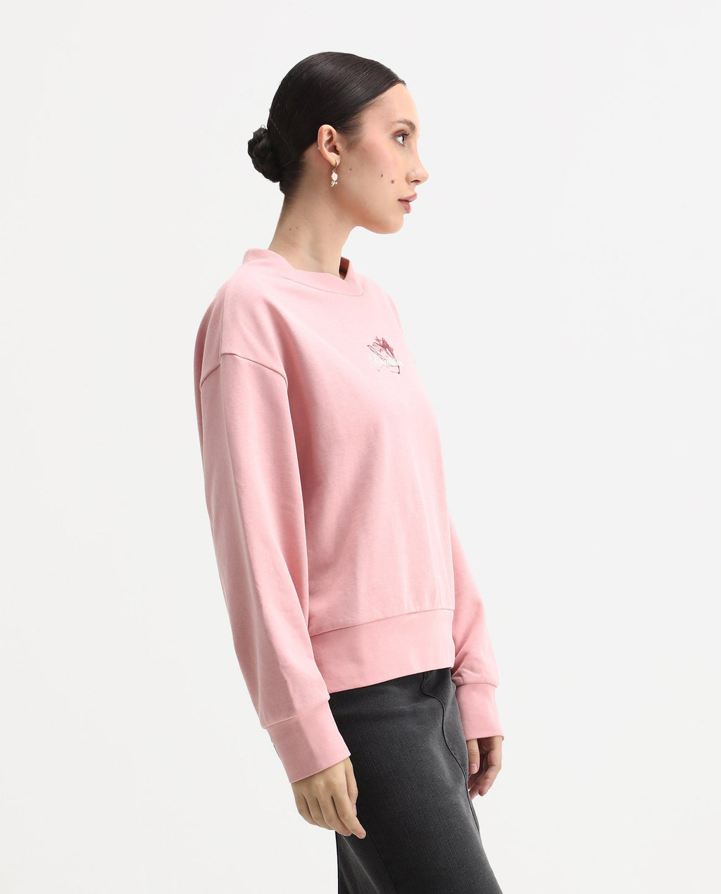 Rareism Women's Naq Light Pink Cotton Blend Crew Neck Relaxed Fit Graphic Print Sweatshirt
