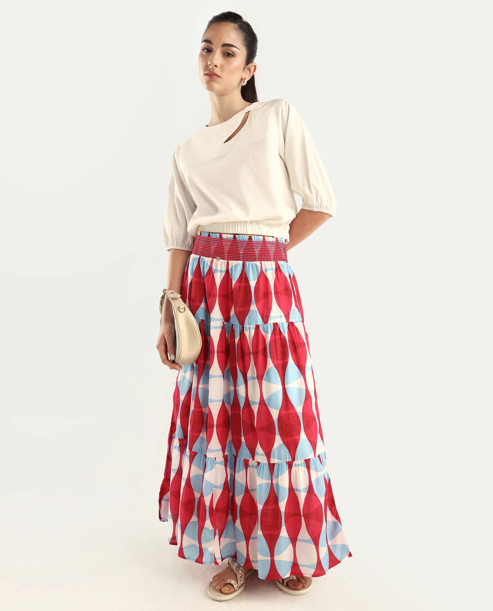 Rareism Women's Naybert Multi Cotton Geometric Print Ankle Length Flared Skirt