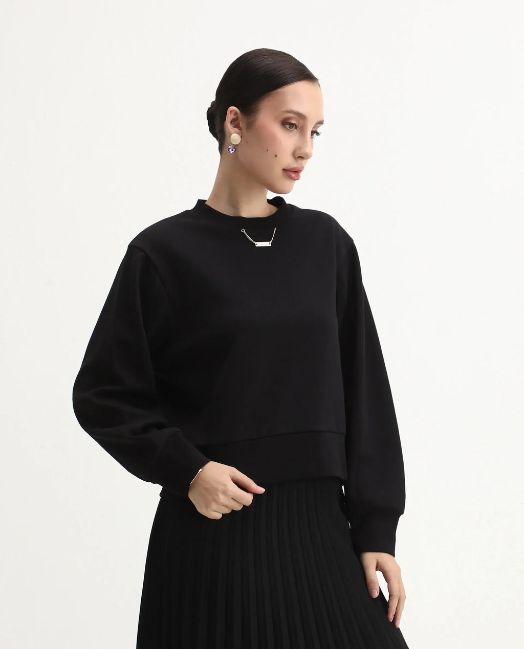 Rareism Women's Naz Black Cotton Blend Fabric Crew Neck Relaxed Fit Printed Sweatshirt